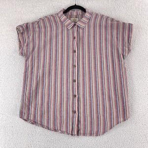 Marine Layer Dana Button-Up‎ Shirt Women Large Stripe Linen Blend Short Sleeve